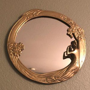 Vintage Art Nouveau Deco Round Brass Framed 3D Lady Woman Wall Mirror 10 1/2"
